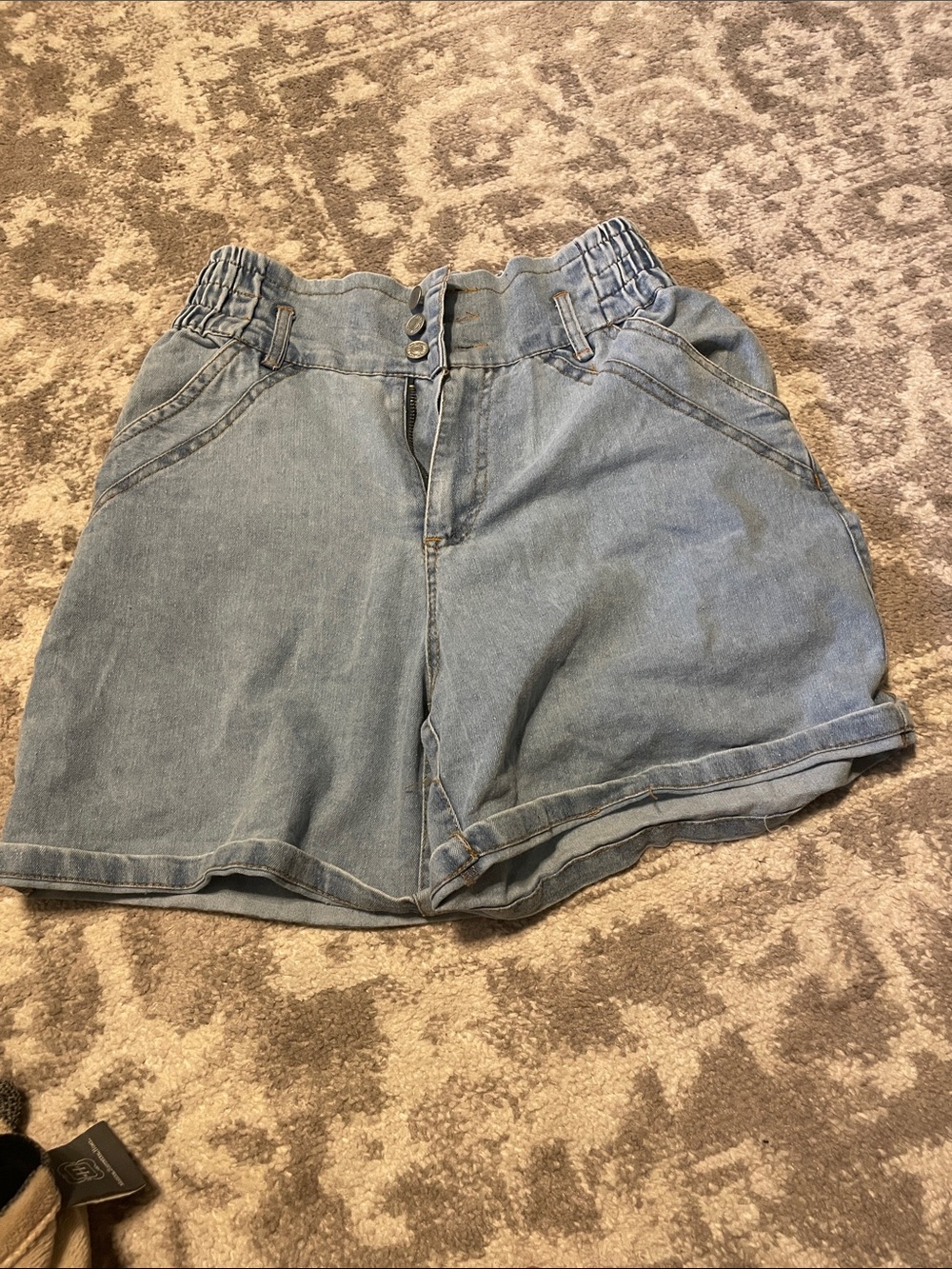 High-Rise Light Blue Denim Shorts with Elastic Waist
